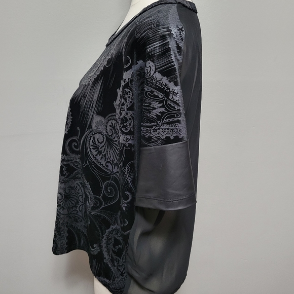 Bke black paisley velvet faux leather chiffon combo blouse size large - Picture 7 of 11
